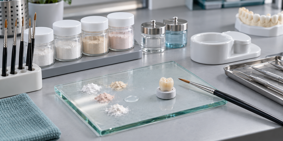 Clean dental laboratory workbench with organized ceramic powders, separate brushes, porcelain liquids, and a ceramic crown on a glass mixing slab