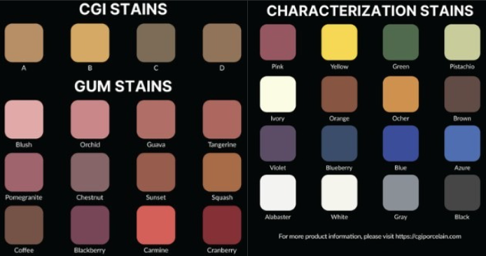 CGI Full range of stains to create any custom color for your restorations